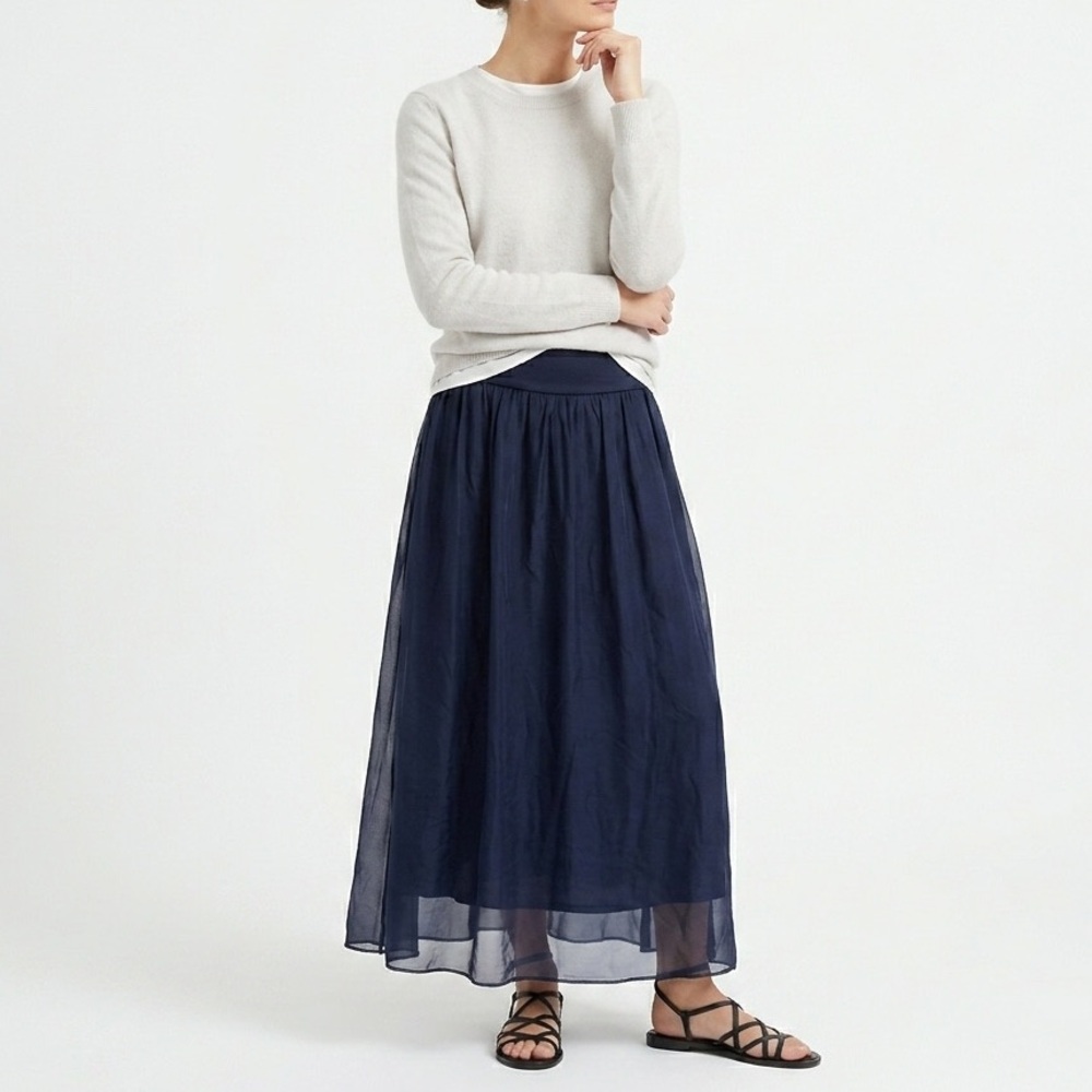 GIUSY Silk Made in Italy Boho Navy Sheer Layered Maxi Skirt Quiet Luxury